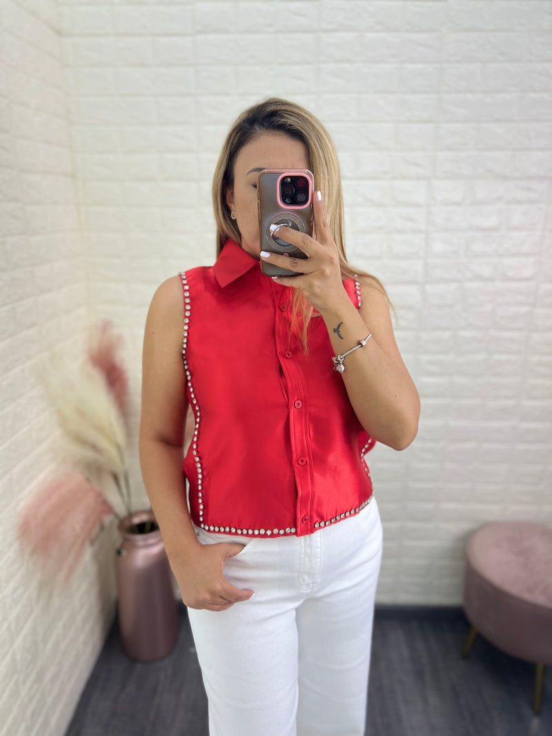 Blusa de Resaque Roja Satín con Brillos al Frente