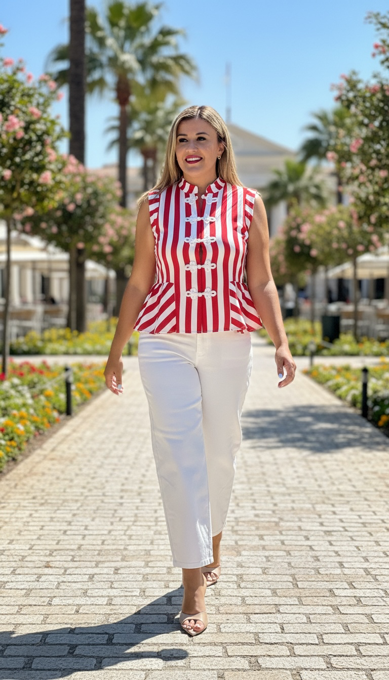 Blusa Tipo Chaleco Blanca con Rayas Rojas