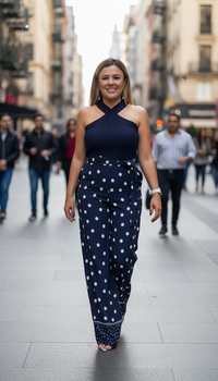 Jumpsuit Color Navy de Cuello Cruzado con Estampado Polka Dots