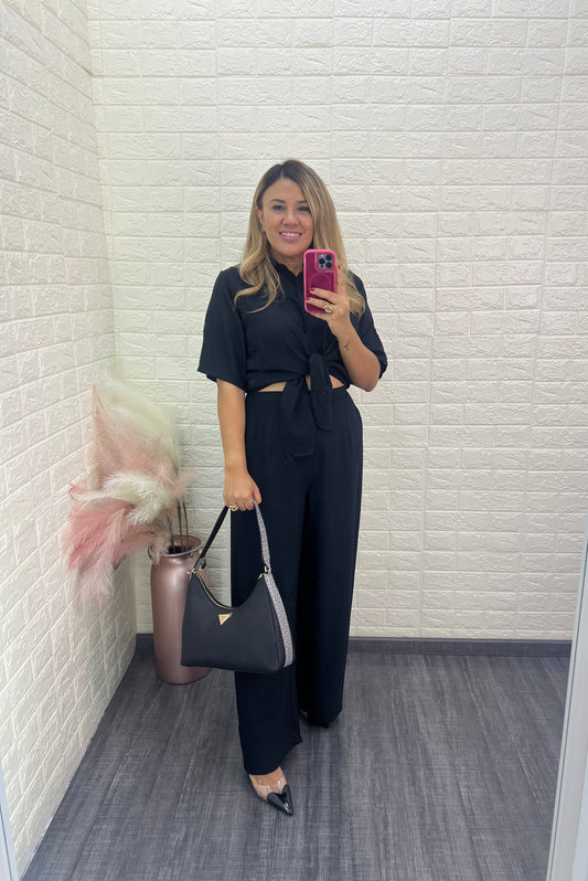 Conjunto Negro Casual de Blusa de Botones y Pantalón Recto