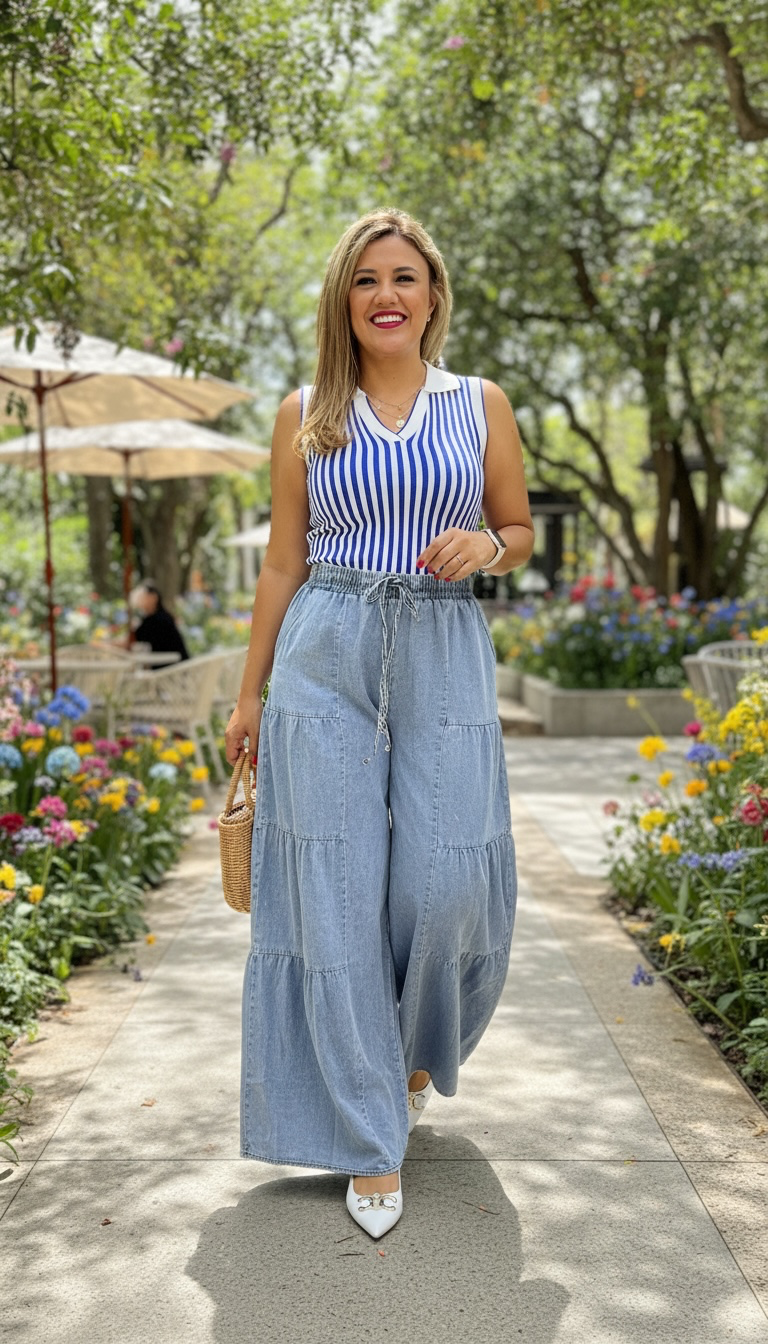 Blusa De Resaque Blanca con Rayas Azules y Cuello Tipo Polo