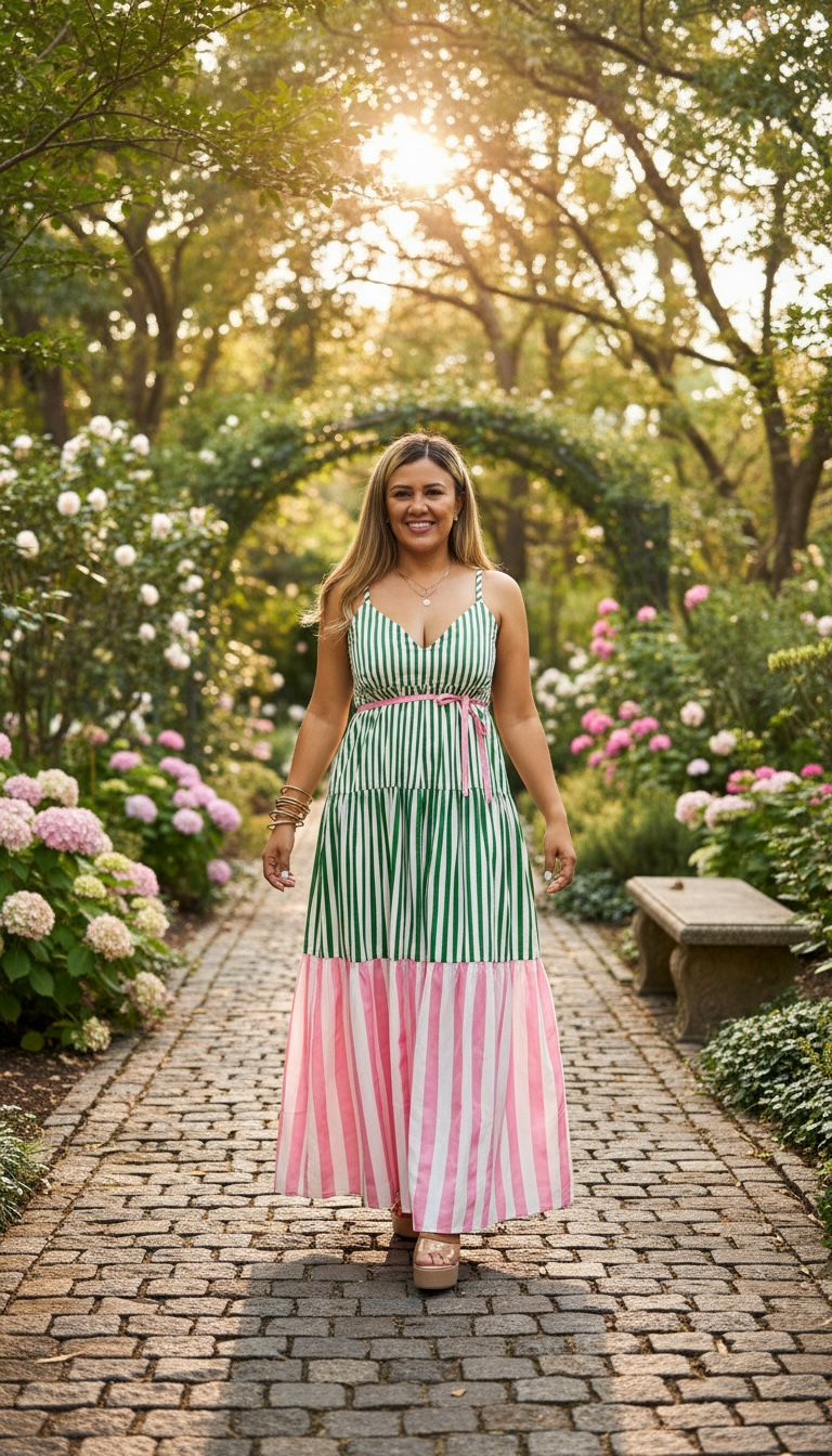 Vestido Blanco Largo Estampado a Rayas Verdes y Rosas