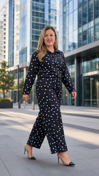 Conjunto Negro Polka Dots de Blusa y Pantalón de Mezclilla Ligera
