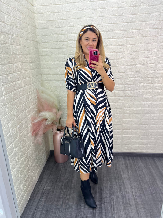Vestido Largo Con Cuello V, Estampado Tipo Zebra