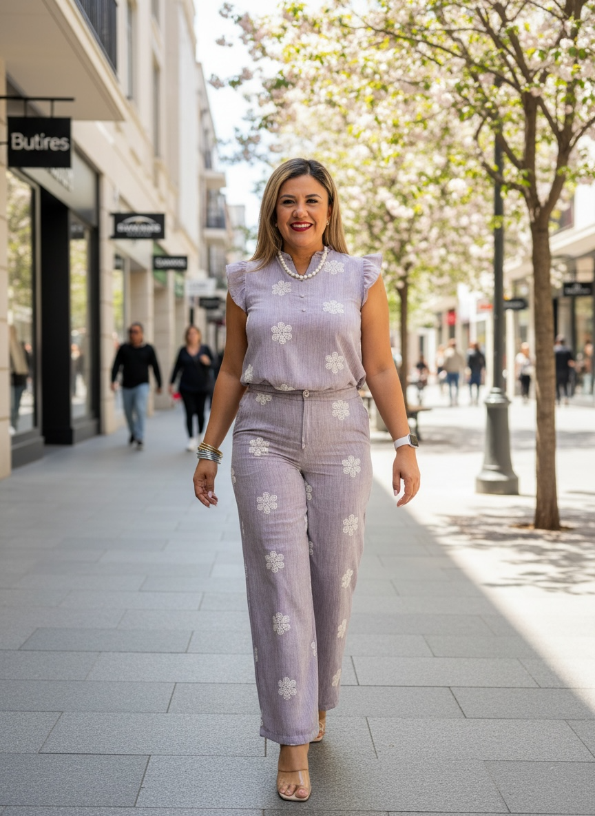 Set Azul Bordado con Flores, Blusa y Pantalón