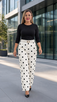 Pantalón Casual Blanco Estampado Polka Dots, Con Cinto