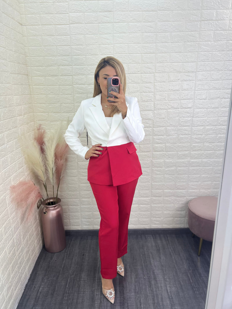 Conjunto de Blazer Blanco con Rojo y Pantalón Casual Rojo