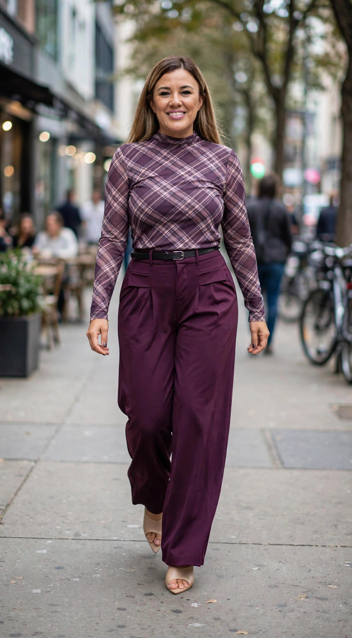 Blusa con Transparencia de Gasa Estampada a Cuadros Tonos Guinda