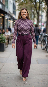 Blusa con Transparencia de Gasa Estampada a Cuadros Tonos Guinda