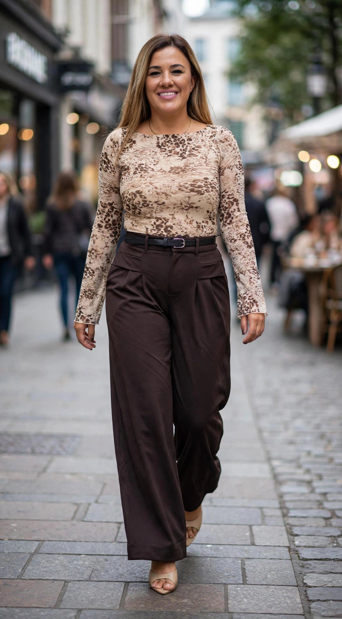 Blusa de Mesh Ivory de Manga Larga Estampado Leopardo