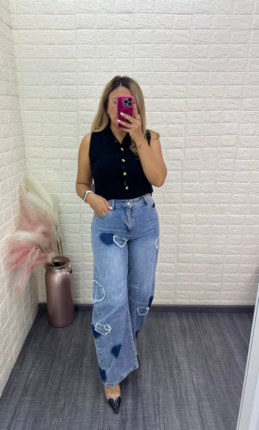Jeans de Mezclilla Corte Wide Leg con Aplicaciones de Corazón