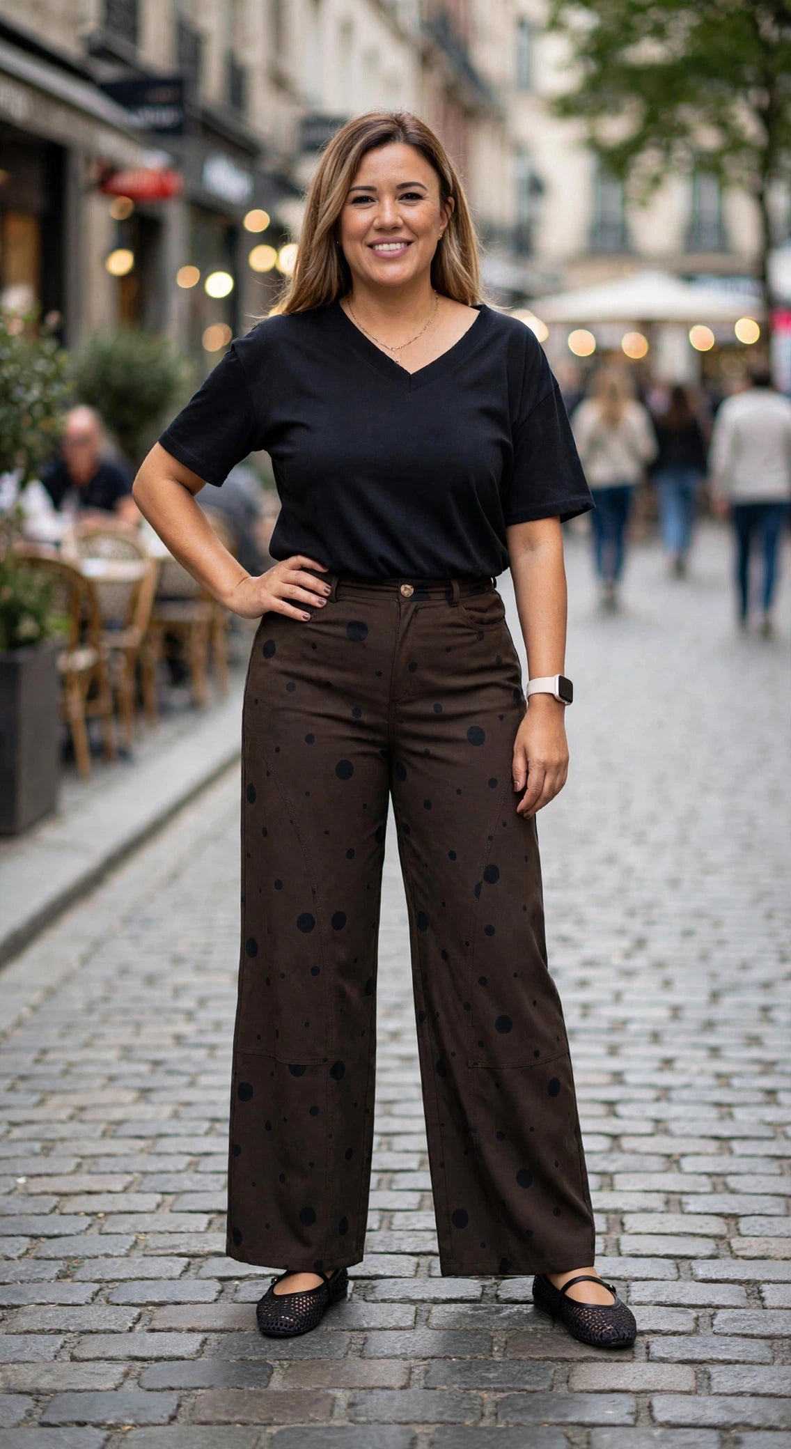 Jeans Café de Mezclilla Ligera Estampado Polka Dots