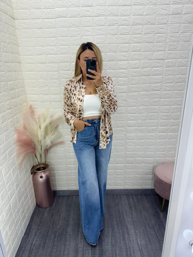 Blusa de Botones de Manga Larga Estampado Piel Leopardo