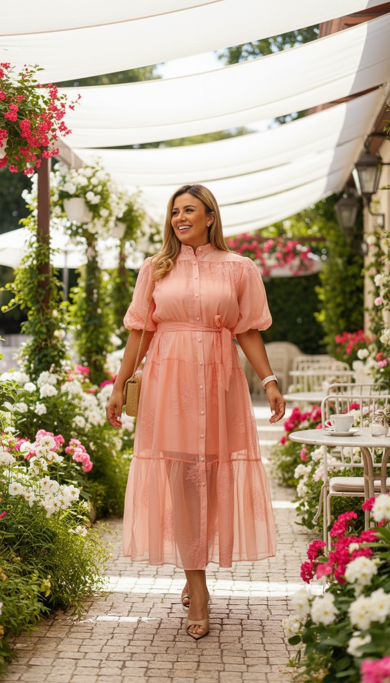 Vestido Rosa de Gasa con Bordado de Flores