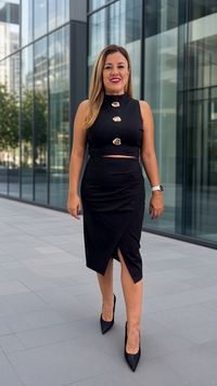 Set Negro de Blusa Sin Mangas con Botones Dorados Acompañado de Falda Negra con Cruzado al Frente