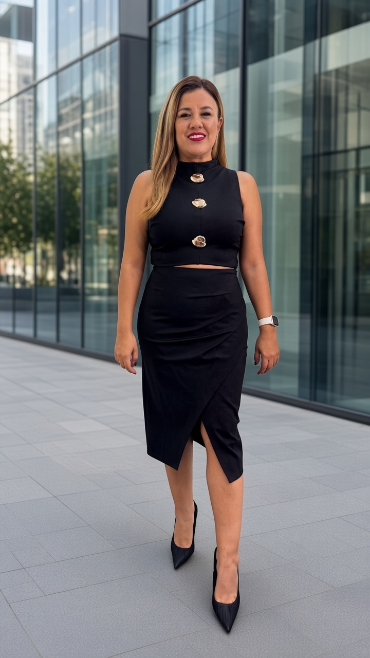Set Negro de Blusa Sin Mangas con Botones Dorados Acompañado de Falda Negra con Cruzado al Frente