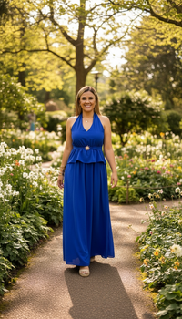 Vestido Largo Color Royal Con Cintillo y Broche Dorado