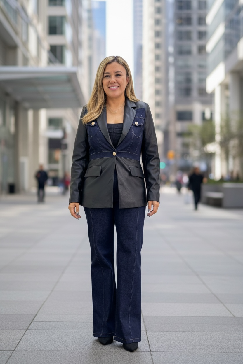 Conjunto de Blazer de Mezclilla con Vinipiel y Jeans de Mezclilla