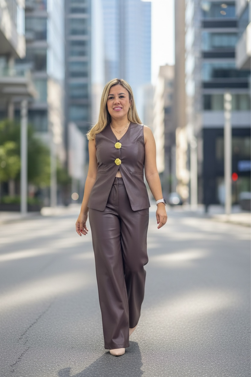 Conujnto Chaleco y Pantalón Café de Vinipiel con Botones Dorados