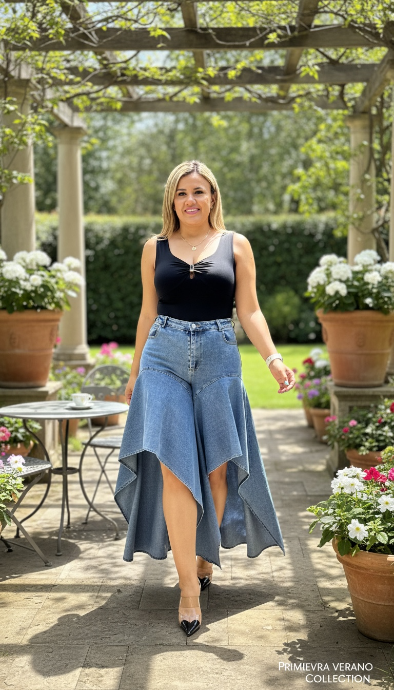 Jeans de Mezclilla Abierto con Olanes