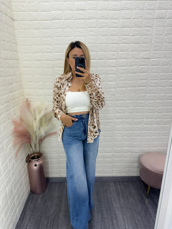 Blusa de Botones de Manga Larga Estampado Piel Leopardo