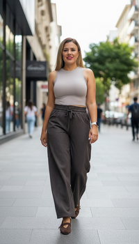 Pantalon Casual Barriel Color Tabaco con Estampado a Rayas, de Cintura Elástica