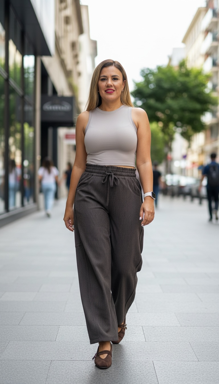 Pantalon Casual Barriel Color Tabaco con Estampado a Rayas, de Cintura Elástica