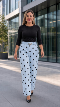 Pantalón Casual Sky Blue Estampado Polka Dots, Con Cinto