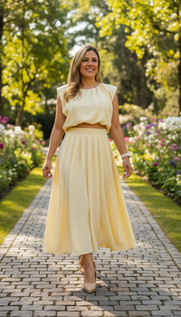 Conjunto Amarillo de Blusa Holgada sin Mangas y Falda