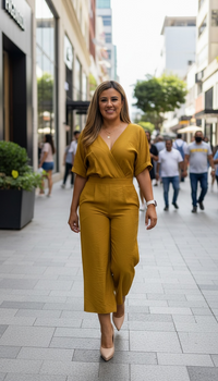 Jumpsuit Cuello V de Manga Corta con Valenciana
