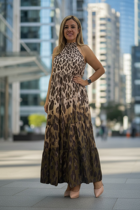 Vestido Cuello Halter Estampado Animal Print