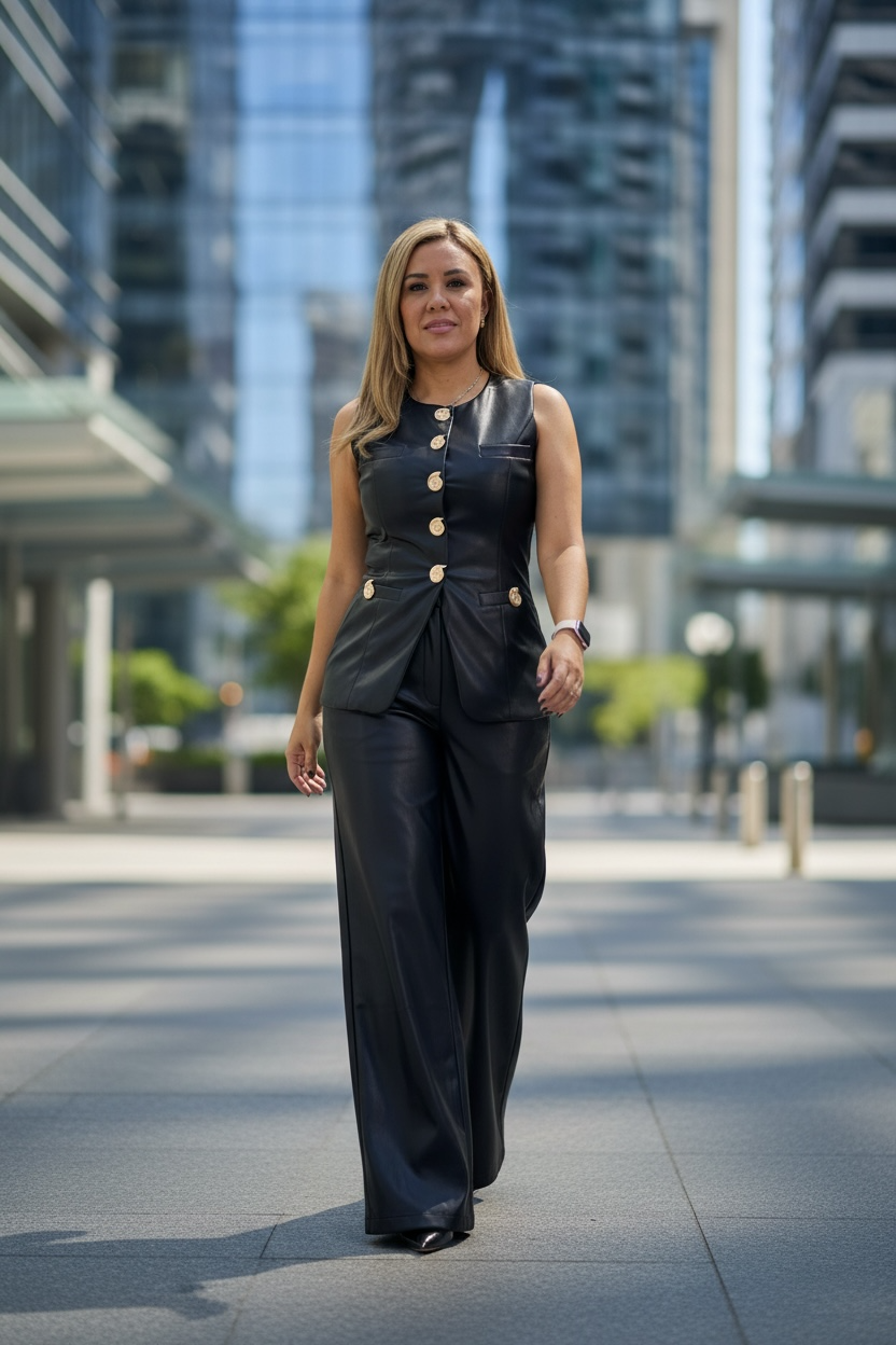 Conjunto Negro de Vinipiel de Chaleco y Pantalón