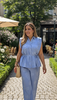 Conjunto Sky Blue de Blusa y Pantalón Casual con Cintura Elástica