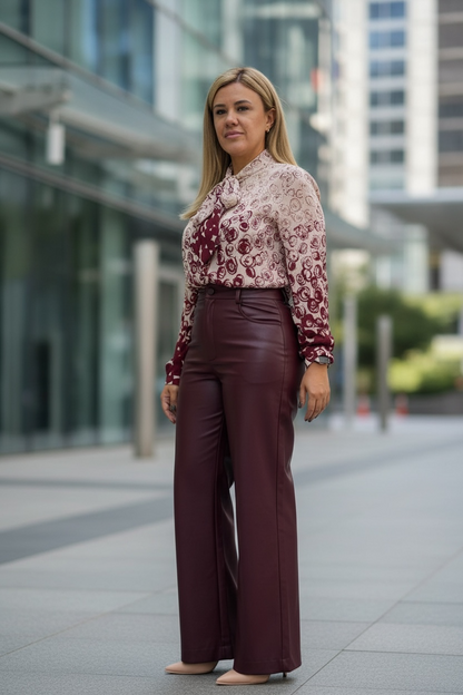 Blusa Guinda con Blanco Estampada de Manga Larga