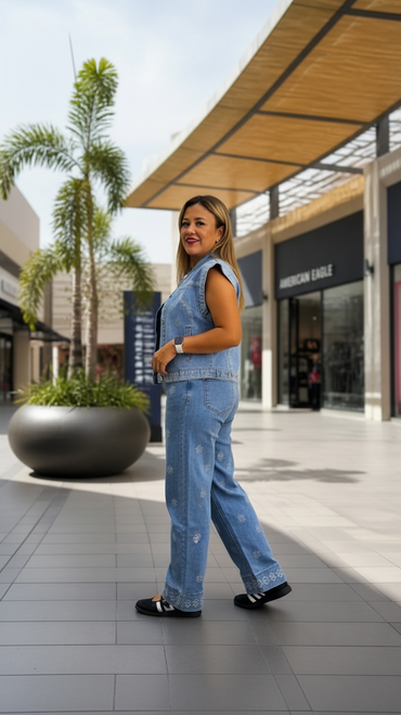Set de Mezclilla Con Bordados de Chaleco y Jeans