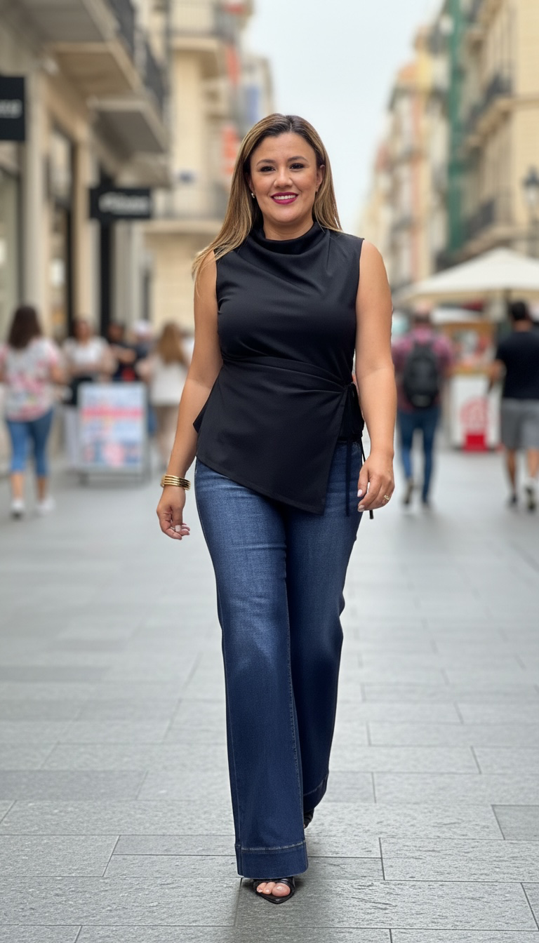 Blusa Negra Lisa Plisada con Nudo al Frente