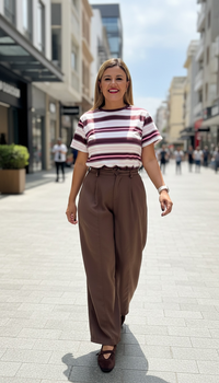 Blusa Blanca Estampado a Rayas Café y Rosas