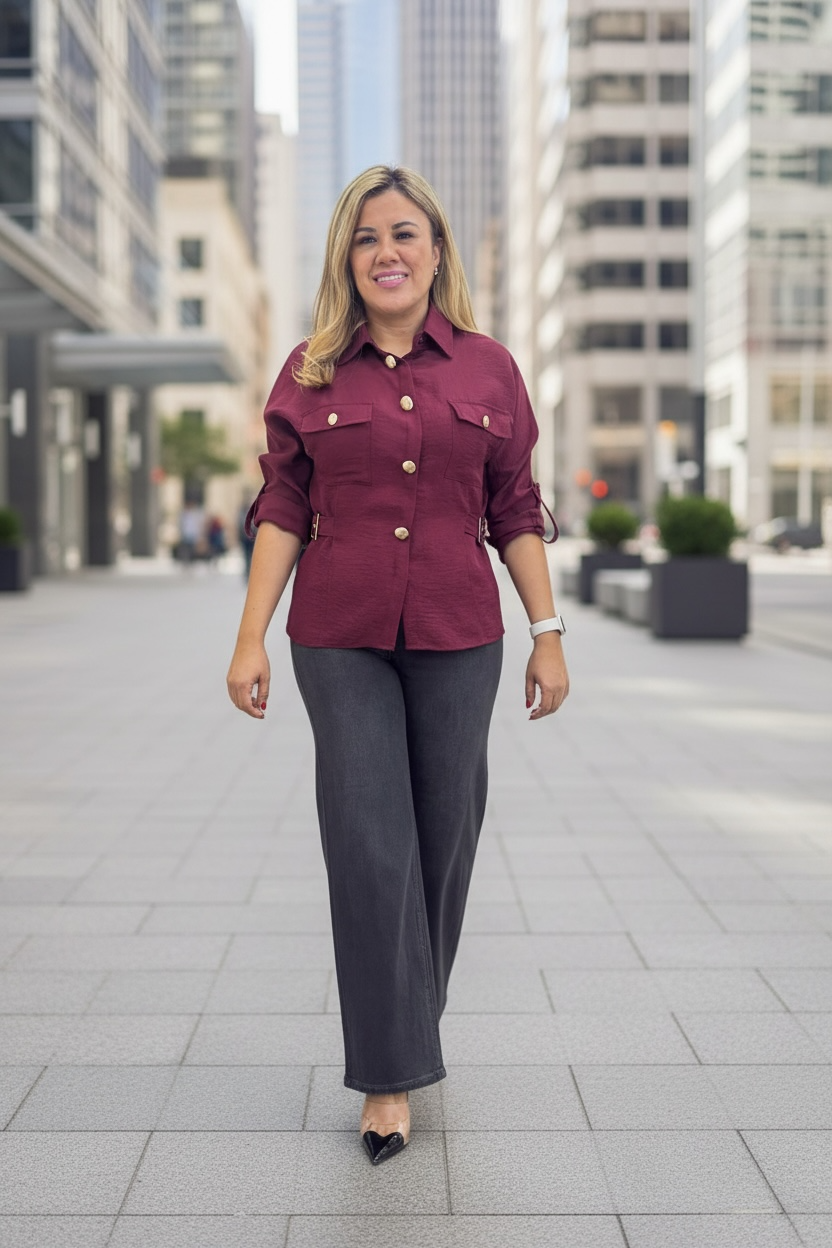 Blusa Guinda de Manga Larga con Botones Dorados