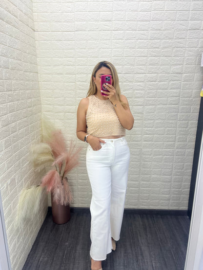 Blusa Sin Mangas de Malla con Perlas