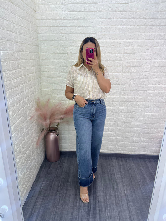 Jeans de Mezclilla Azul Pre Lavado Corte Wide Leg