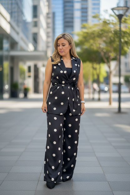 Conjunto Negro Estampado de Lunares Beige