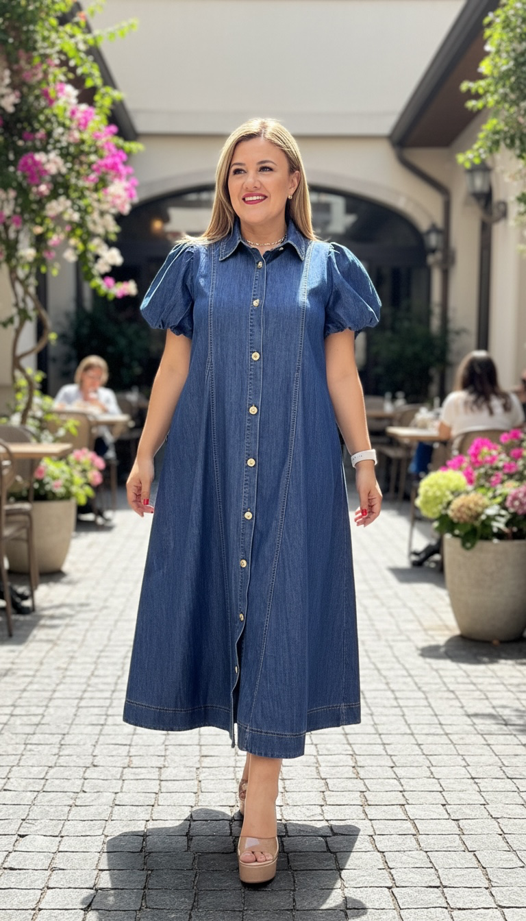 Vestido de Mezclilla Largo de Corte Amplio con Botones Dorados