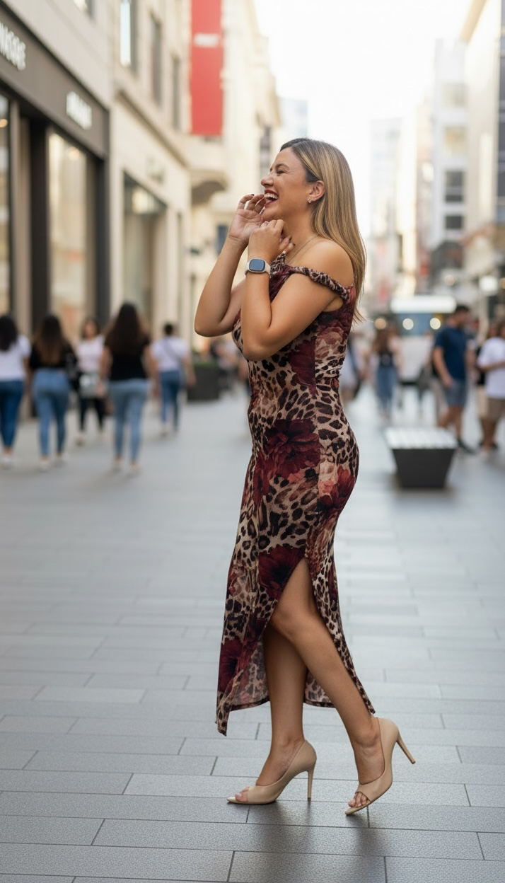 Vestido Color Café de Mesh Estampado Animal Print con Flores