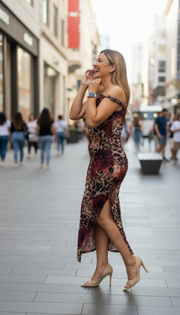 Vestido Color Café de Mesh Estampado Animal Print con Flores