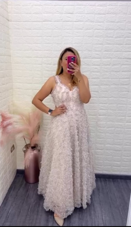 Vestido Beige de Gasa con Forro Estampado Lunares Verdes