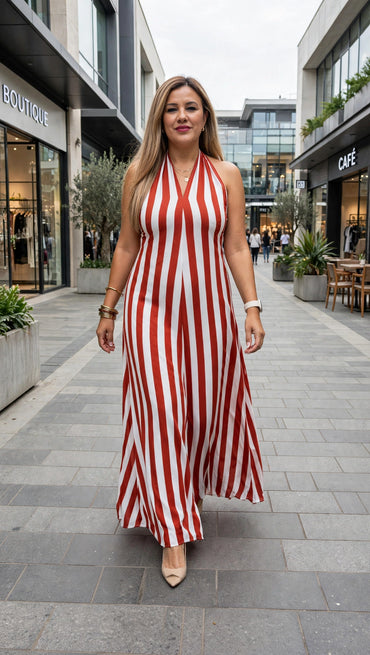 Vestido de Tirantes Cuello V Estampado a Rayas