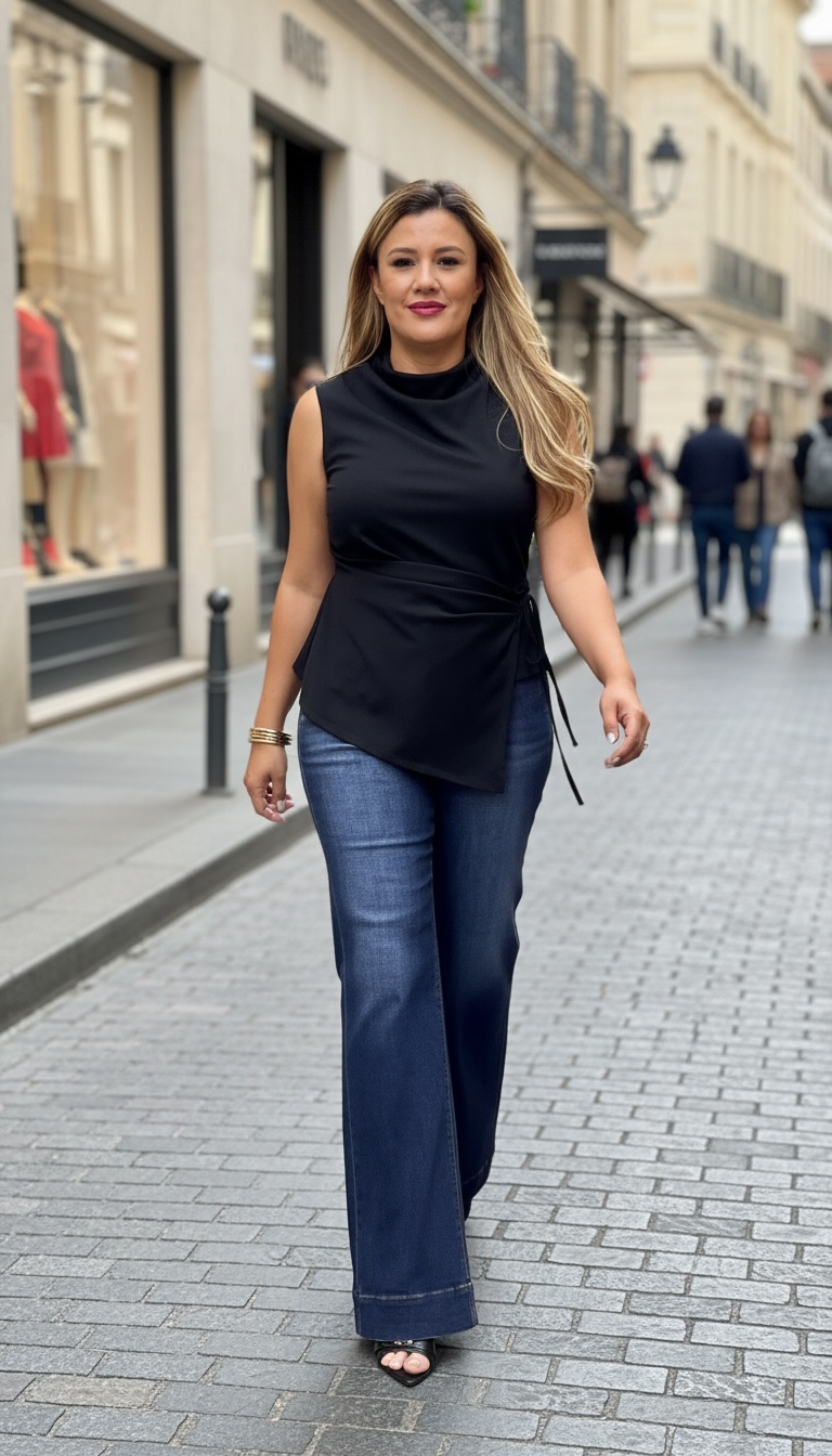 Blusa Negra Lisa Plisada con Nudo al Frente
