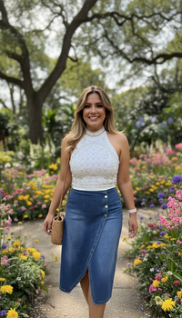 Blusa Blanca Cuello Halter con Aplicaciones de Perlas y Brillos
