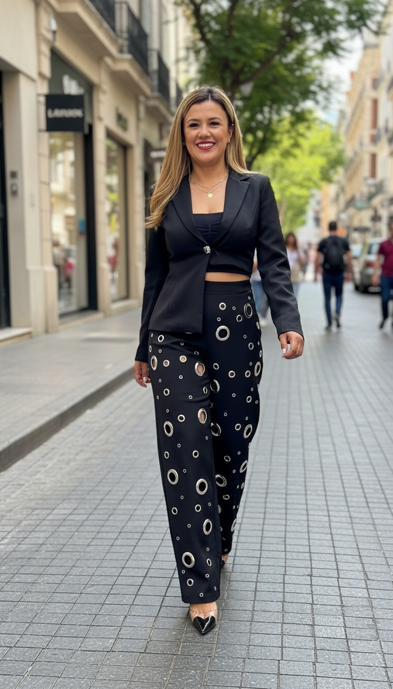 Conjunto Negro de Saquito con Extensión y Pantalón con Perforaciones y Arillos Metálicos