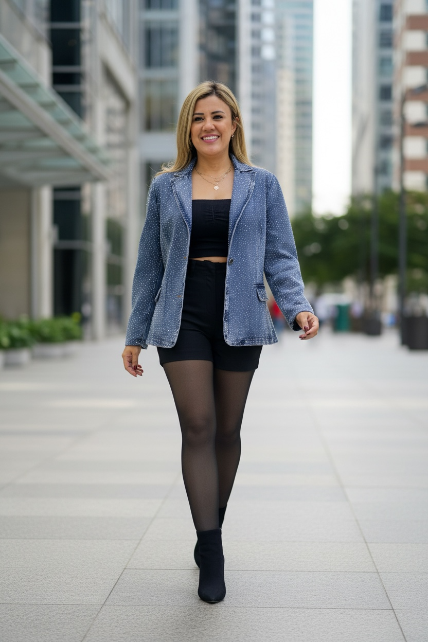 Blazer de Mezclilla con Aplicaciones de Brillos